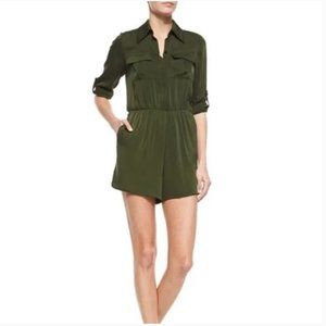 Alice + Olivia Dark Green Silk Romper Collared Button Down Pockets Size 2